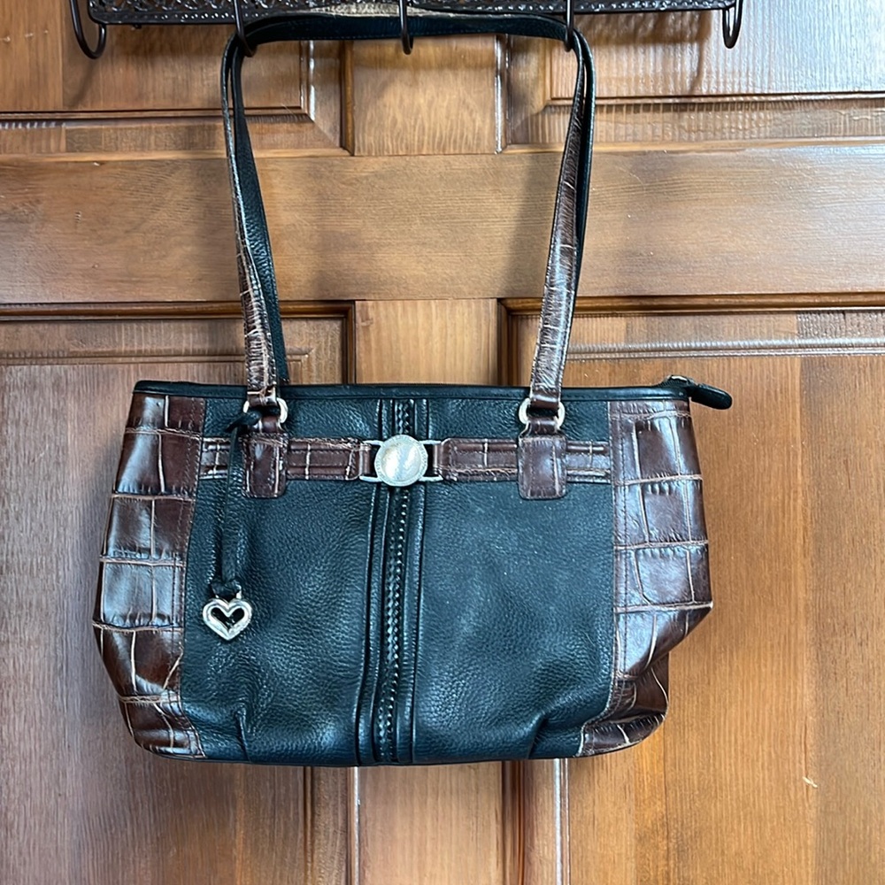 BRIGHTON Black w/Brown Croc Embossed Leather Satchel Shoulder Bag